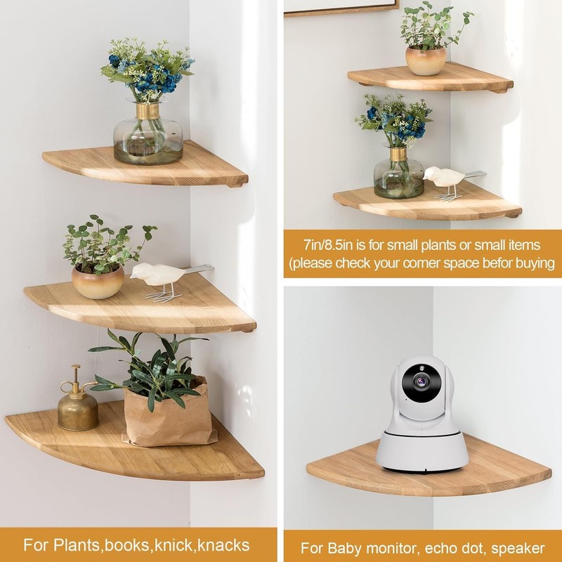 Conamily Corner Shelf, Solid Oak Wood Floating Corner Shelf Wall