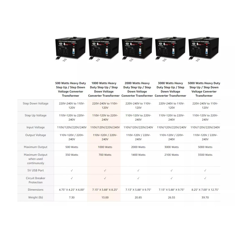 ROCKSTONE POWER 1000W Step Up/Down Voltage Converter Transformer 110V/220V
