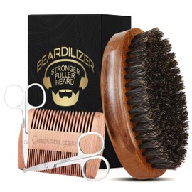 Beardilizer Beard Brush Kit, 100% Pure Boar Bristle Brush, Luxury Wood Comb & 2 Mustache Scissors, Professional Grooming & Care, Beard Accessories for Men