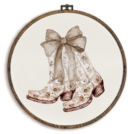 KFXHANGD Beige Cowgirl Bow Round Wall Art Framed, Cowgirls Wall Decor, Vintage Cowgirl Boot Canvas Wall Art Decor, Coquette Cowgirl Hanging Wall Decor for Teen Girls Dorm Room Bathroom, 10x10In