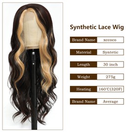 xccoco Long Wavy Wigs for Women Black Highlighted Wig Body Wave Synthetic Lace Wig 28inch Black Wig with Blonde Streaks Highlight Wig Heat Resistant Curly Wavy Side Part Wig