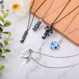10 Pcs Urn Necklace for Ashes Cremation Jewelry Wings Tear Drop Cross Crystal Ashes Necklace Stainless Steel Zircon Memorial Locket Vertical Bar Heart Waterproof Ashes Keepsake for Men (Lake Blue)