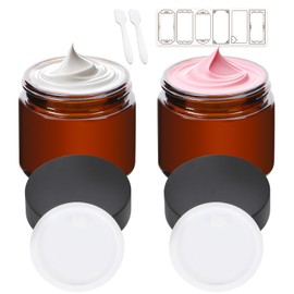 Mcupper 2 Pack 2 oz Amber Glass Jars with Lids, Cosmetic Jars with Black Lids, Glass Lotion Containers, Candle Making Containers for Lotions, Scrubs and Cosmetic, Lables and Spatulas Include