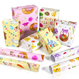 Konsait Easter Wrapping Paper Fold Flat Large Sheet Easter Day Gift Wrapping Paper Eggs Bunny Chicks for Spring Easter Party 6 Different Designs 27 x 20 inches - 12 Sheets