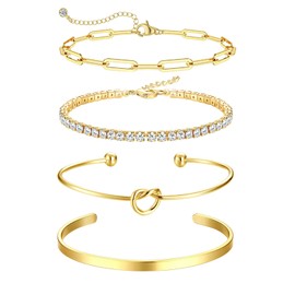 Hebterrka Goldarmbänder für Frauen Stapel 14K Vergoldetes Armband-Set Nicht Anlaufen Gold Perlen Papierclip Gliederkette Schmuck für Frauen Mädchen Trendy