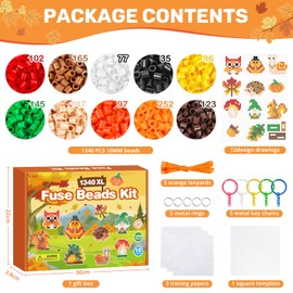 PITMT Iron-On Beads Large Set 10 mm, 1340 Pieces XL Beads Autumn Animal 10 Colours with Pegboard, 10 Patterns 3 Ironing Paper 5 Key Rings for Children from 3 Years Creative Crafts Gift