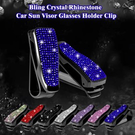 x xotic tech Glasses Holders for Car Sun Visor, 2 Pack Fashion Bling Crystal Rhinestones Car Eyeglasses Sunglasses Hanger Mount with Ticket Card Clip for Women Girls (Blue)