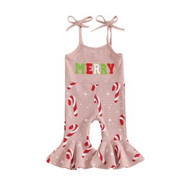 Rarjuiey Toddler Baby Girl Christmas Outfit Candy Cane Jumpsuit Spaghetti Strap Merry Romper Bell Bottoms Outfits (MERRY Candy cane Pink, 18-24 Months)