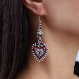 TseenYi Gothic Evil Eye Red Heart Earrings Punk Heart Rock Bat Earrings Silver Rose Earrings Vintage Heart Rock Earrings Gothic Dark Rock Earrings Jewellery for Women and Girls, Silver
