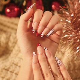 Pikabows Press On Nails Long Almond Red Swirl French Christmas Tree Fake Nails Acrylic False Nail Tips Kit Glue on Nails for Women