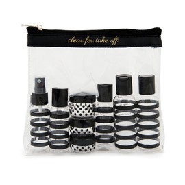 Miamica “Clear for Take Off” TSA Compliant Travel Bottles and Travel Toiletry Bag – Includes 12 Pieces – 7.55" L x 7.4" W x 1.8" D, Clear/Black – Cute Travel Gifts