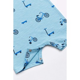 monica + andy Slub Shorty Romper, Size 3T, Blue On Wheels Print with Bicycles & Scooters, 100% Organic Clothes for Boys & Girls, Sustainable Super Soft Cotton, Newborn, Infant, Toddler, and Kids Sizes