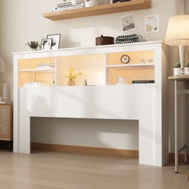 Timechee 65"W Timechee Wooden Bookcase Headboard With Light - With-Outlet, 6.0