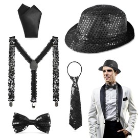 Pack of 5 Disco Glitter Accessories Men's Sequin Braces Costume Set with Glitter Hat Bow Tie Braces Pocket Square Glitter Outfit Accessories Men for Carnival Jazz Dance, black