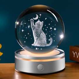 ZRENJHUS 3D Cat Crystal Ball Gifts for Women 3.15'' Cat Glass Ball Night Light Decor with 12 Colorful Modes Light Base Gifts for Mothers Day Christmas Birthday