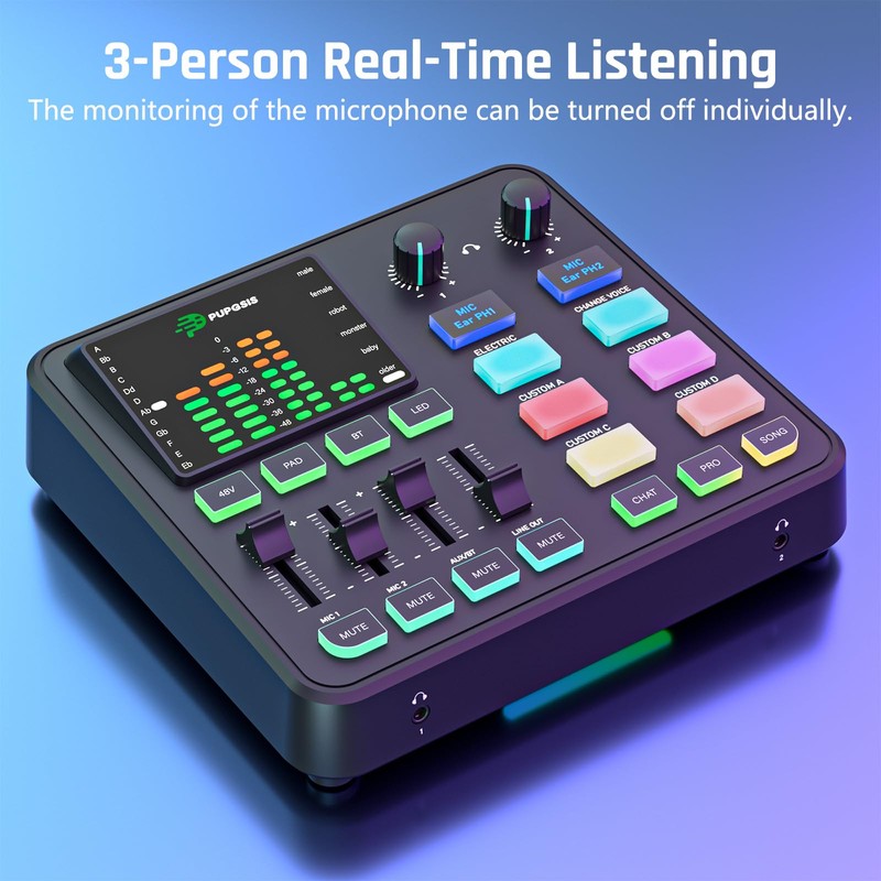 PUPGSIS Gaming Audio Mixer, Audio Interface with Pro-preamp, 48V Phantom