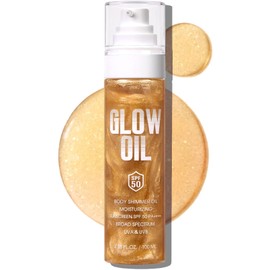 Body Glow Oil, Broad Spectrum SPF 50, Glitter Shimmer Sunscreen Body Oil Lotion with Sequin Mica, Lightweight Non-Sticky Moisturizer with Coconut, Skin Illuminator Glowing Results (01# Golden Amber)