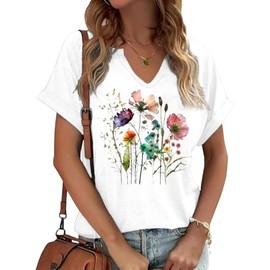 PUCKOLITY Vintage Flower V Neck Shirts Women Boho Floral Wildflowers T-Shirt Retro Wildflower Graphic T Shirts Summer Tee Tops（M,1 White）
