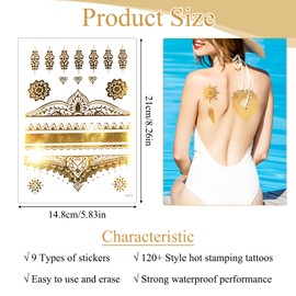 9 Sheets Gold Temporary Tattoos 110+ Designs Flash Metallic Golden Festival Butterfly Glitter Fake Tattoos Sticker Look Real Last Long Unique Lace Beach Body Party Decoration Women Adult Girl