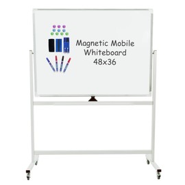 Double-Sided Mobile Magnetic Dry Erase Board on Wheels, 48" X 36", Commercial Grade, Aluminium Frame, Quick Flip Over Reversible Feature