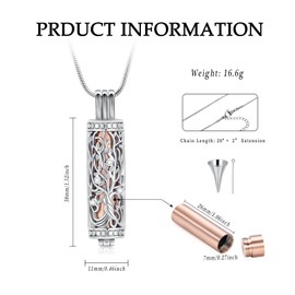 VCCWYQK Cylinder Cremation Jewellery Tree of Life Urn Ash Necklace for Women Men Bottle Cremation Ash Pendant Loved Memorial Jewellery, Stainless Steel, No Gemstone