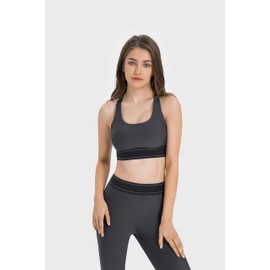 AMRIY Women's Medium Support Sports Bra with Adjustable Straps Removable Pads Color Contrast Band Yoga Workout Bra Black,4