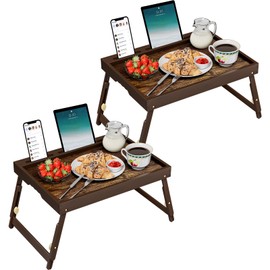 2 Pack Bamboo Breakfast Tray with Telescopic Legs Tray with Foldable Legs and Removable Stand | Ergonomic Handle | Portable Bed Tray for Dining, Working, Laptop, Tablet and Phone