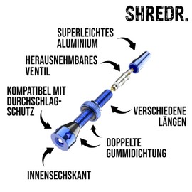 Shredr. Tubeless Valve Set, Blue, Presta Valves for Tubeless Tyres, Super Light Aluminium, Blue Anodised French Valve, For Normal Tubeless Rims