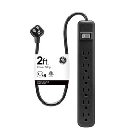 GE GE 6-Outlet Power Strip, 2 Ft Extension Cord, Heavy Duty Plug, Grounded, Integrated Circuit Breaker, 3-Prong, Wall Mount, ETL Listed, Black, 14831