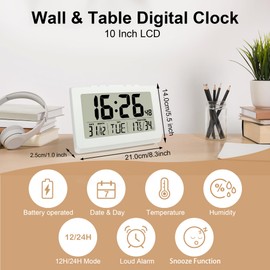 Lafocuse 10 Inch White Digital Clock Battery Operated Large Display
