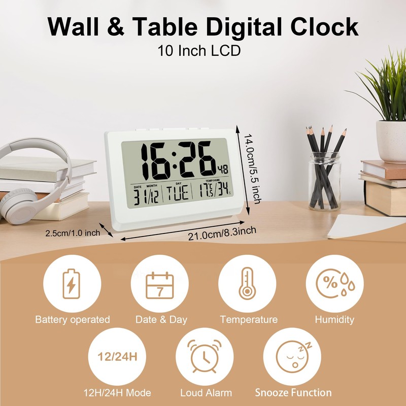 Lafocuse 10 Inch White Digital Clock Battery Operated Large Display