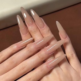 MERVF Long Press on Nails Stiletto Fake Nails Press ons Nude Almond Glue ons Solid Color Acrylic Glossy 24pcs False Nail