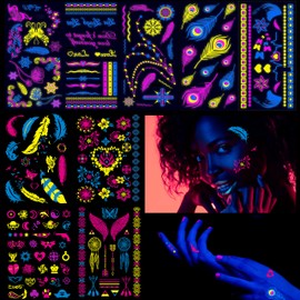 Sugeru 9 large sheets neon face tattoo (157 patterns), glitter neon party outfit, colour tattoo face, black light make-up, UV body & face painting tattoo stickers, natural soy ink