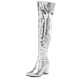 YIYA Women's Metallic Silver Over the Knee High Boots Pointed Toe Chunky Mid Heel Thigh High Fashion Dress Zipper Long Boots