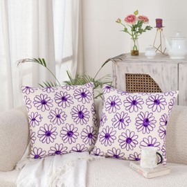 THE ART BOX Pack of 2 Embroidered Decorative Throw Pillow Cover 18x18 Inch Farmhouse Floral Pillowcase for Living Room Sofa Bed (Purple Floral)