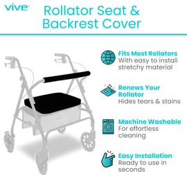 Vive Rollator Walker Seat and Backrest Covers - Removable and Washable Accessories for Seniors - Universal Cover Set, Easy to Install - Special Design, Great Gift for The Elderly (Black)