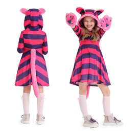 JUNDOMECY Halloween Cosplay, Children, Cheshire Cat, Girl, Cute, Cat, Costume, Cat Ears, Tail, Purple, Cat, Animal, Costume, Stage Clothes, Performing Clothes, Events, Parties, School Festivals,