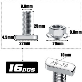 Hammer Head Screws M10 x 25 Stainless Steel A2-70, Pack of 16 Hammer Head Screws with Locking Tooth Nuts Flange Nuts Hanger Bolts M10 for PV Solar Mounting Rails Greenhouse and Photovoltaics