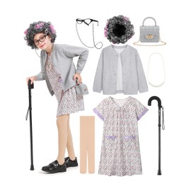 FancyFun 8 Pcs Old Lady Costume for Kids, 100 Days of School Costume for Girls Grandma Wig Granny Outfit Old Person Dress Up Set C 5-7Y
