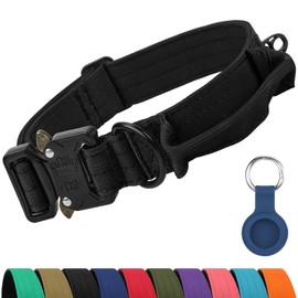 Joytale Heavy Duty Dog Collar with Handle, Adjustable Tactical Military Nylon Collar with Quick Release Metal Buckle for Medium Dogs Walking Training, Soft Lining, Dual Rings, AirTag Case, M, Black