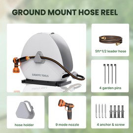 Giraffe Tools Ground Mounted Retractable Hose Reel 1/2 Inch x 82FT, Heavy Duty Automatic Rewind Garden Hose Reel, with Flexible Swivel Base for Lawn, Concrete Floor