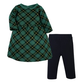 Hudson Baby Infant and Toddler Girl Quilted Cotton Dress and Leggings, Forest Green Plaid, 6-9 Months