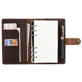 Leather Writing Journal Notebook Refillable, A6 Personal Size Traveler's Notebook with Pockets, 6 Ring Binder Planner Notebook with Pen Holder-BROWN