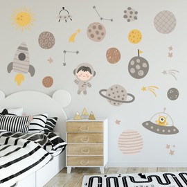 Space Wall Sticker - Space Icons Neutral Tones Wall Decal Set Kids Art (120cm Width x 70cm Height)
