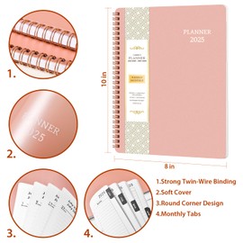 2025 Planner - 2025 Calendar Planner from Jan. 2025 - Dec. 2025, 8" x 10" Planner 2025, Planner 2025 with Twin-Wire Binding, Round Corner - Rose Gold