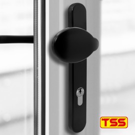 TSS Black UPVC Door Handle Pair Set, Sprung, 92mm PZ (Centres), Lever Moveable Pad, 122mm Screw to Screw (Screw centres), Backplate 245mm x 34mm - Replacement PVC Door Handle in Black