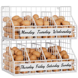 Egg Holder Countertop with 5 Dividers & Labels, 2 Tier Stackable Chicken Egg Baskets for Gathering Fresh Eggs, Egg Organizer for Countertop/Wall-Mounted, White
