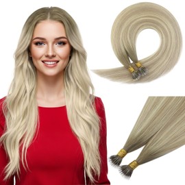 Sunny Hair Nano Beads Hair Extensions For Women Real Nano Hair Extensions Human Hair Remy Loop Ring Tip Extensions Human Hair Cold Fusion 50G/50S Cool Ash Grey Balayage Ombre Platinum Blonde 16 inch