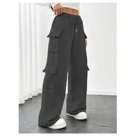 RoseSeek Women's Wide Leg Sweatpants Drawstring Waist Baggy Cargo Pants Casual Trousers with Pockets Dark Grey Medium