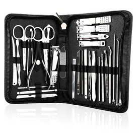 Kit de Corta Uñas 30 en 1, Herramientas Cuticulas (Plateado) | Kit Profesional Manicura y Pedicura de Acero Inoxidable, Herramientas para Manos y Pies con Estuche de Cuero Portátil